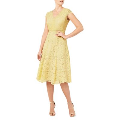 Light yellow lace godet dress